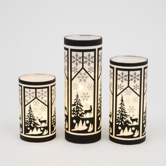 Gerson International Lighted Glass Luminaries, Winter Scene Design, Set of 3 Assorted Heights, Battery Operated with