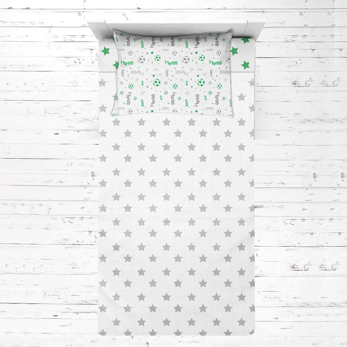 Bacati Muslin Sports 3-Piece Boys Toddler Bed Sheet Set, 100% Cotton, Soccer Ball Green/Grey