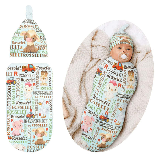 LiSoAkWE Personalized Farm Animals Baby Swaddle Blanket And Matching Hat Set