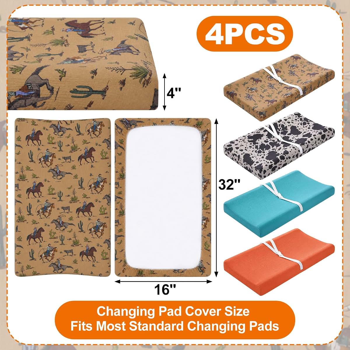 CrystalSylara 4 Pcs Western Cowboy Baby Changing Pad Covers for Boys and Girls Stretchy Soft Diaper Changing Table Pad (photo 2)