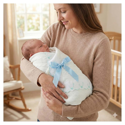 Creaciones Huerta Knitted Receiving Baby Blanket for Newborn Boys and Girls Swaddle Soft Crib Stroller - Made in Spain