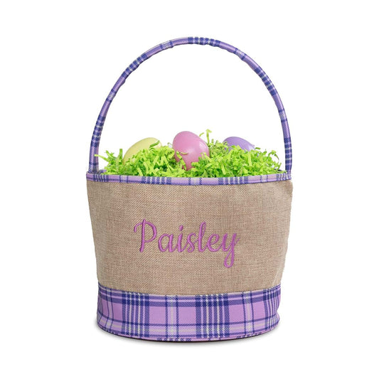 Personalized Planet Personalized Easter Bucket Bag with Custom Cursive Name | Purple Plaid Burlap Egg Basjet with