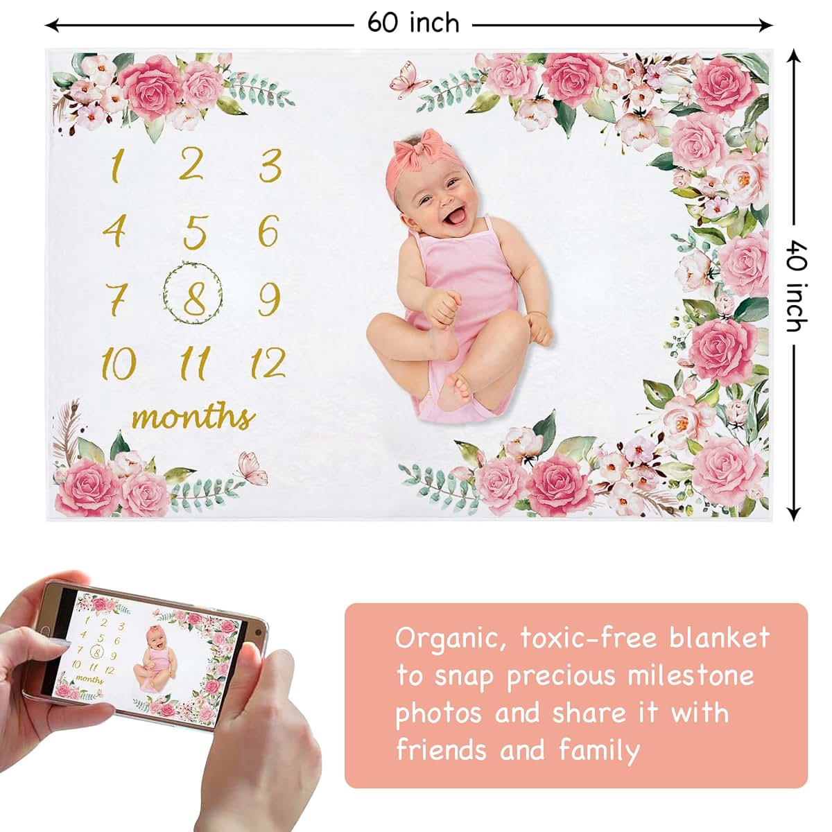 Yokakio Baby Monthly Milestone Blanket Girl, Milestone Blanket for Baby Girl, Track Growth and Age, Newborn Shower (photo 3)