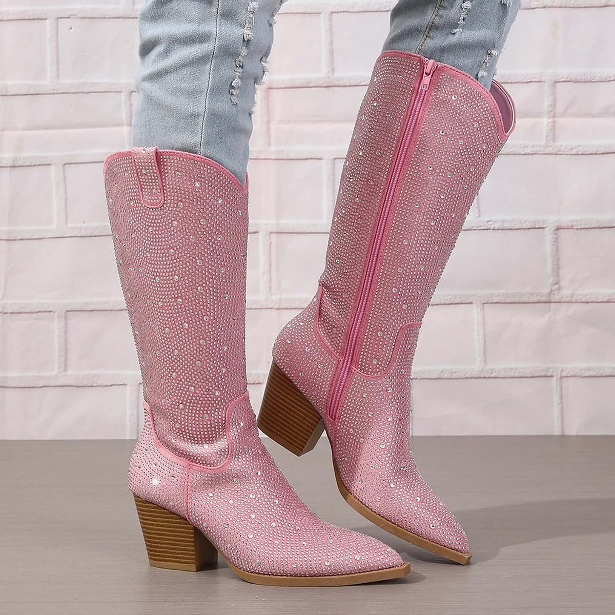 Women's Rhinestone Cowboy Boots Mid Calf Pointed Toe Sparkly Block Heel
