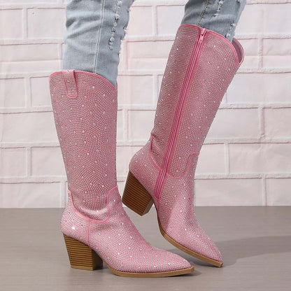 Women's Rhinestone Cowboy Boots Mid Calf Pointed Toe Sparkly Block Heel