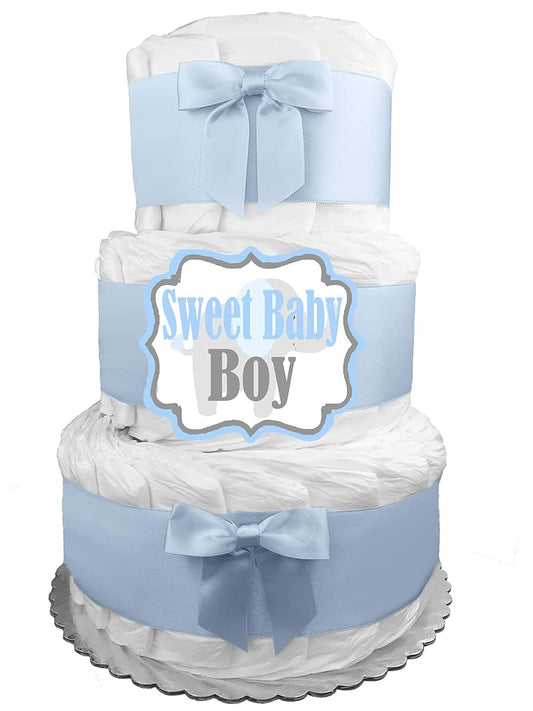 Sunshine Diaper Cakes Baby Boy 3-Tier Diaper Cake - Shower Gift - Newborn Gift - Blue and Gray