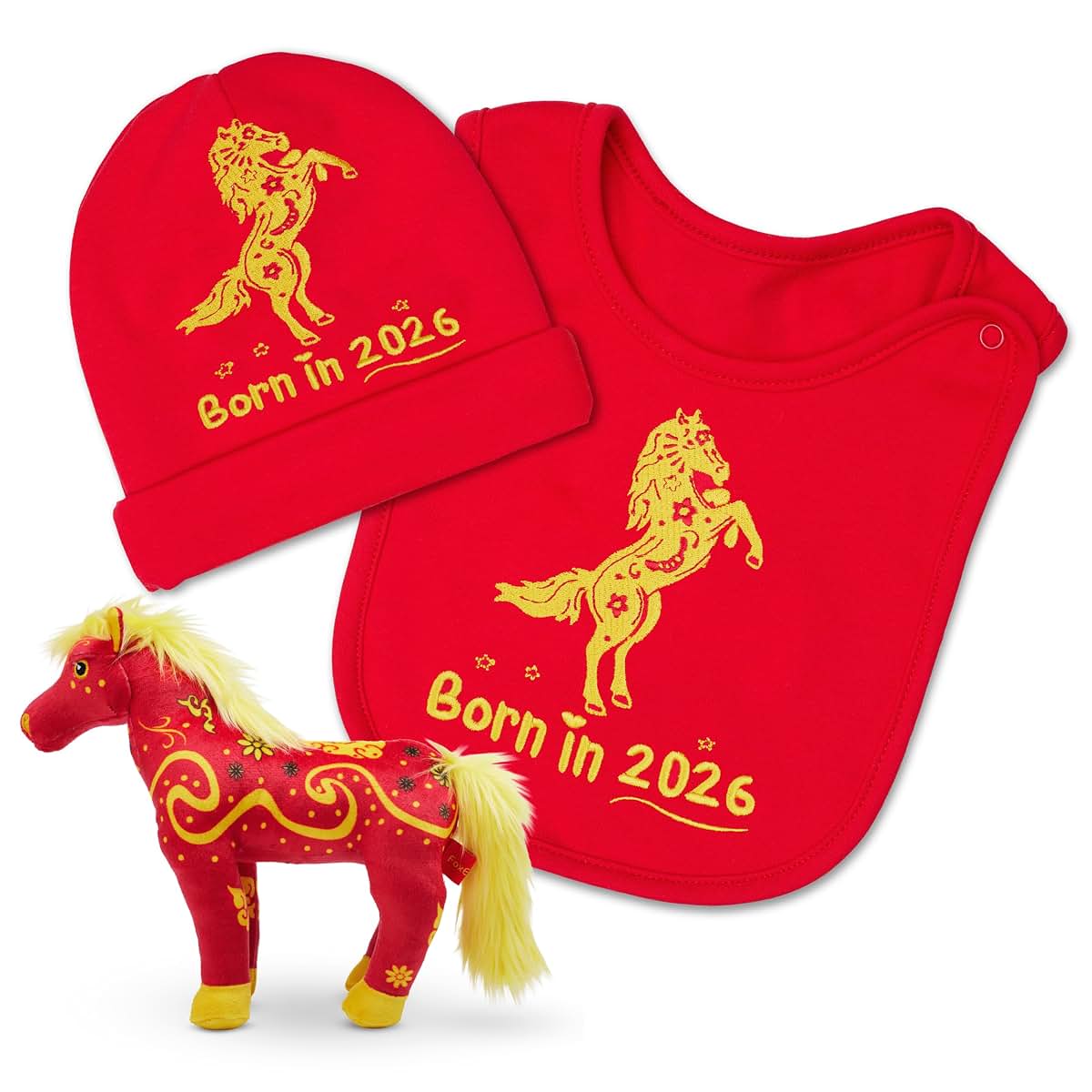 FoxE Year Of The Horse 2026 Baby Gift Set With Bib, Beanie, And Plush Toy