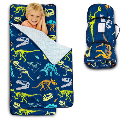 Beavtaens Toddler Nap Mat with Pillow and Blanket, 55" x 22" Roll-Up Sleeping Mat, Dinosaur