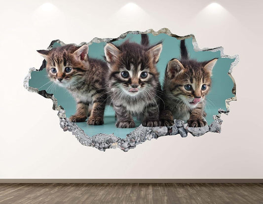 West Mountain Baby Cats Wall Decal Art Decor 3D Smashed Kitten Sticker Poster Kids Room Mural Custom Gift BL255 (42"W x