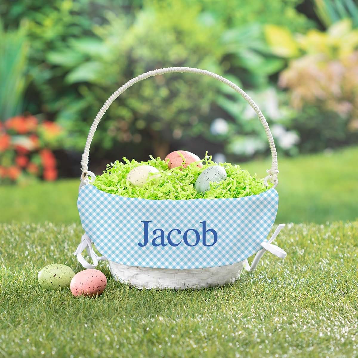 Personalized Planet Personalized Easter Egg Basket with Handle and Custom Name | Blue Gingham Easter Basket Liners (photo 2)