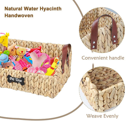 Brabtod Trapezoid Pet Toy Storage Basket, Water Hyacinth Wicker Organizer for Dog Cat Toys