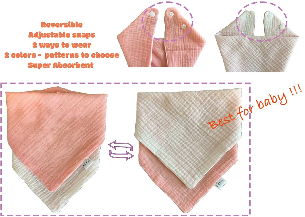 SnD Plus Muslin Bibs 2 Layers Cotton Triangle Reversible Baby Bibs 5 Pack (Solid, 0-36 Months) (photo 3)