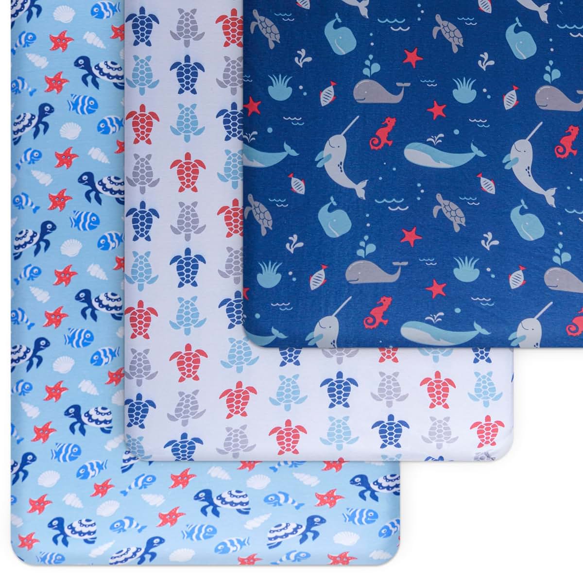 Grow Wild Fitted Crib Sheets 3-Pack, Blue Ocean Jersey Knit Cotton