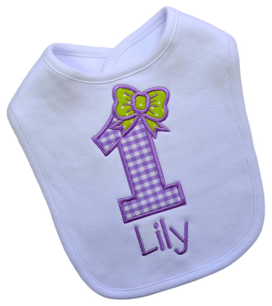Funny Girl Designs First Birthday Smash Bib for Baby Girl Turning 1 with Custom EMBROIDERED Name (LAVENDER GINGHAM)