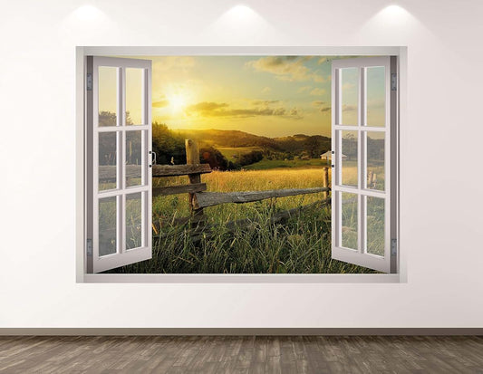 West Mountain Farm Wall Decal Art Decor 3D Window Sunset Sticker Mural Kids Room Custom Gift BL295 (50" W x 36" H)