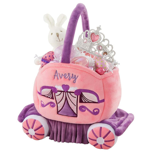 Personalization Universe Pink Princess Carriage Plush Easter Basket – Custom Kids Easter Gift – Baby's First