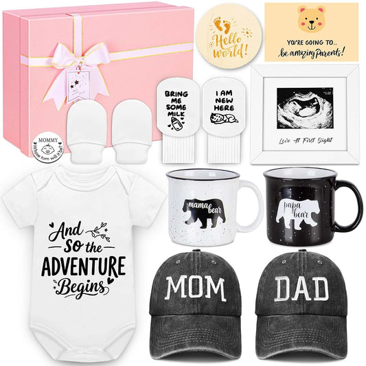 New Parents Gift Basket With Decision Coin, Ultrasound Frame & Caps