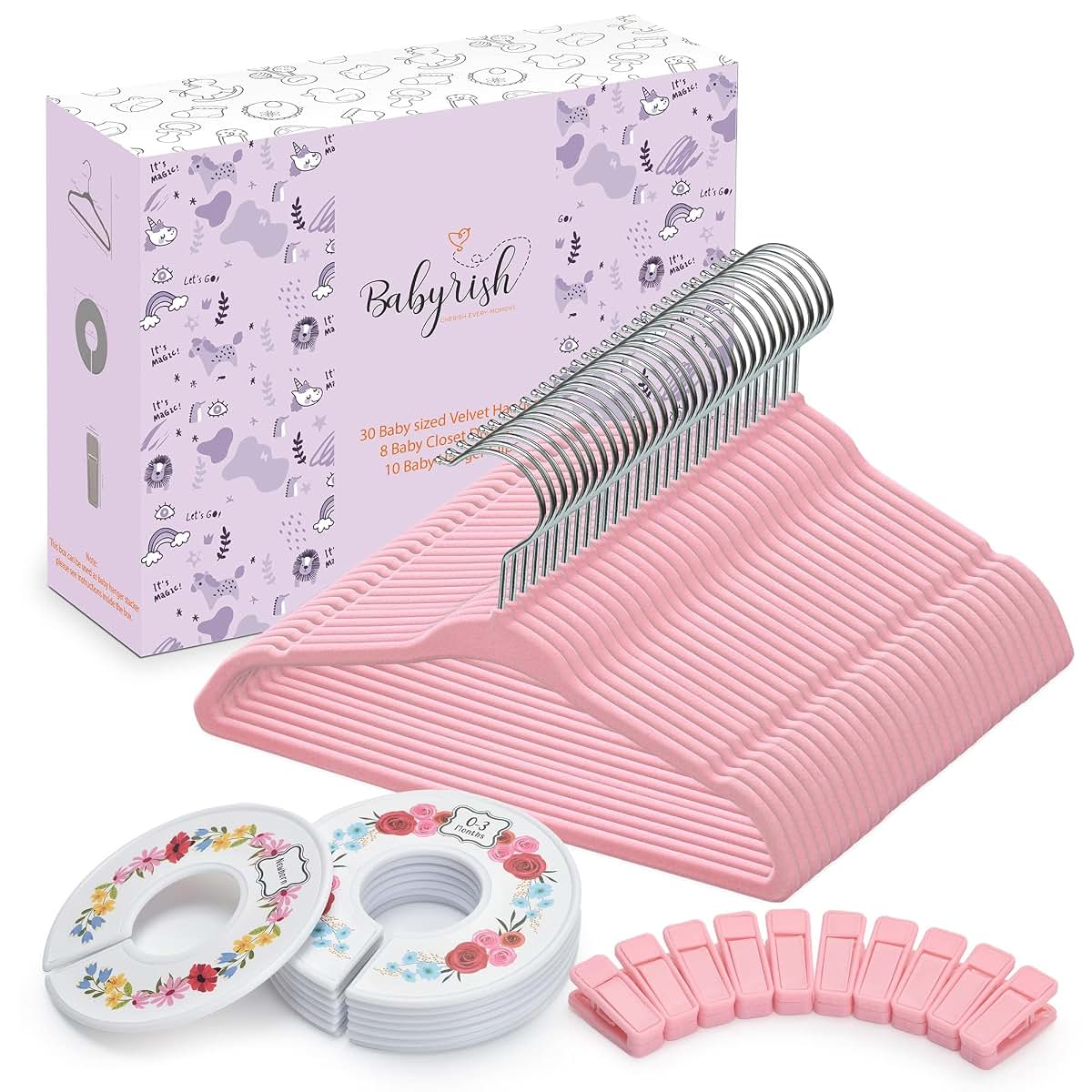 Babyrish Velvet Baby Hangers with Clips and Dividers - 30 Pack Pink