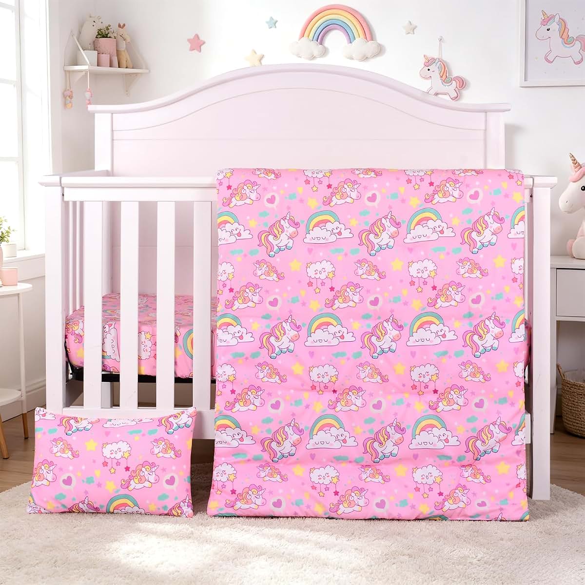 JISEN 3 Piece Crib Bedding Set Pink Unicorns
