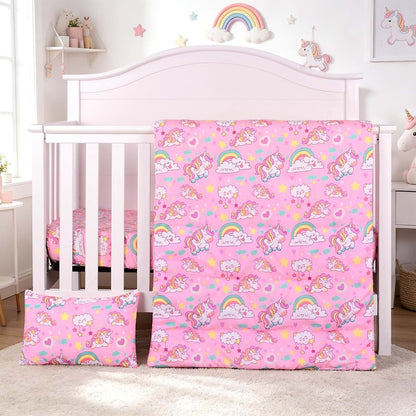 JISEN 3 Piece Crib Bedding Set Pink Unicorns
