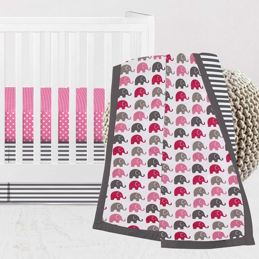 Bacati - Elephants Pink Fuschia Gray 3 pc Crib Bedding Set