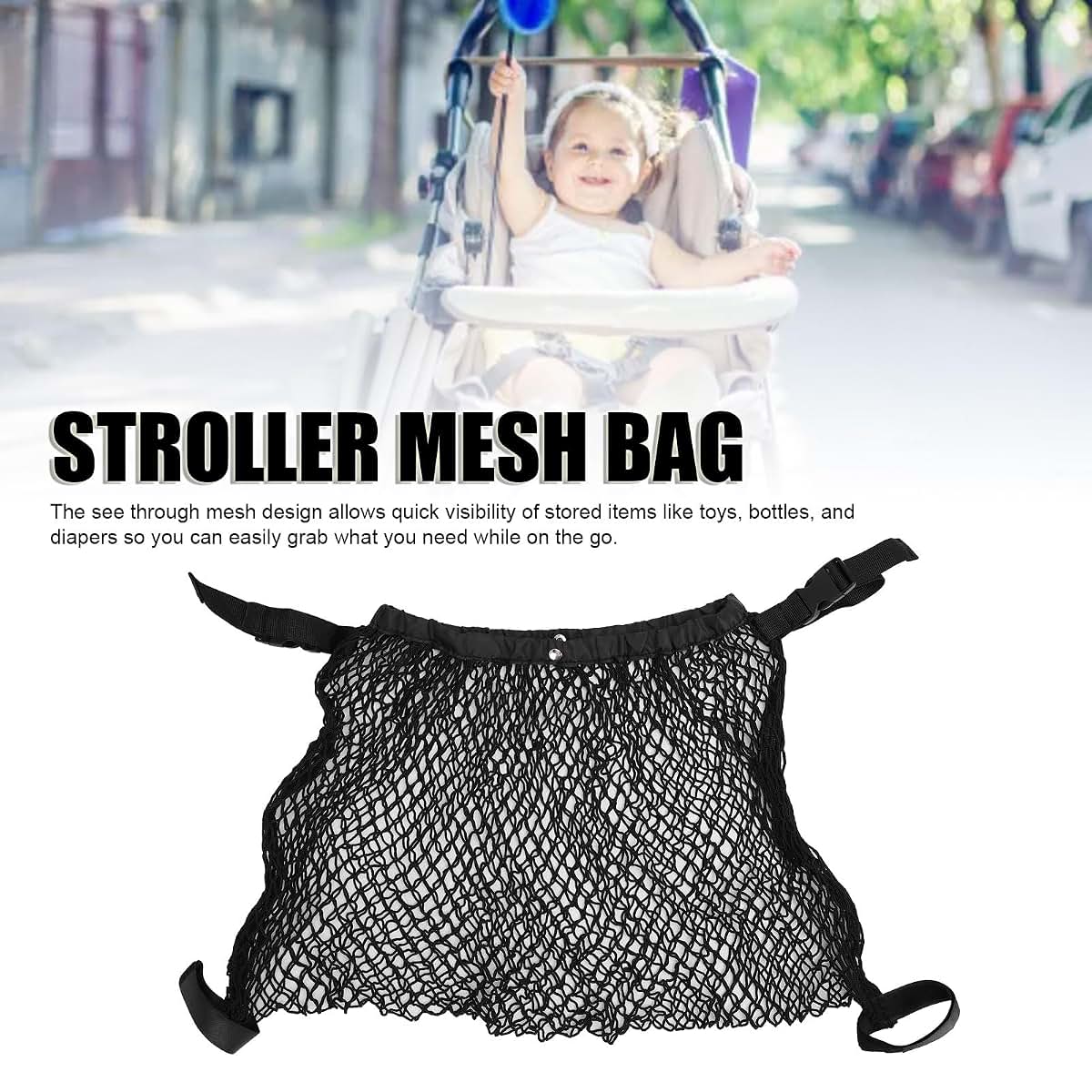 Oreilet Stroller , Adjustable Stroller Storage Bag, Polyester Net Mesh Hanging Bag, Extra Large Storage Space, Caddy (photo 2)