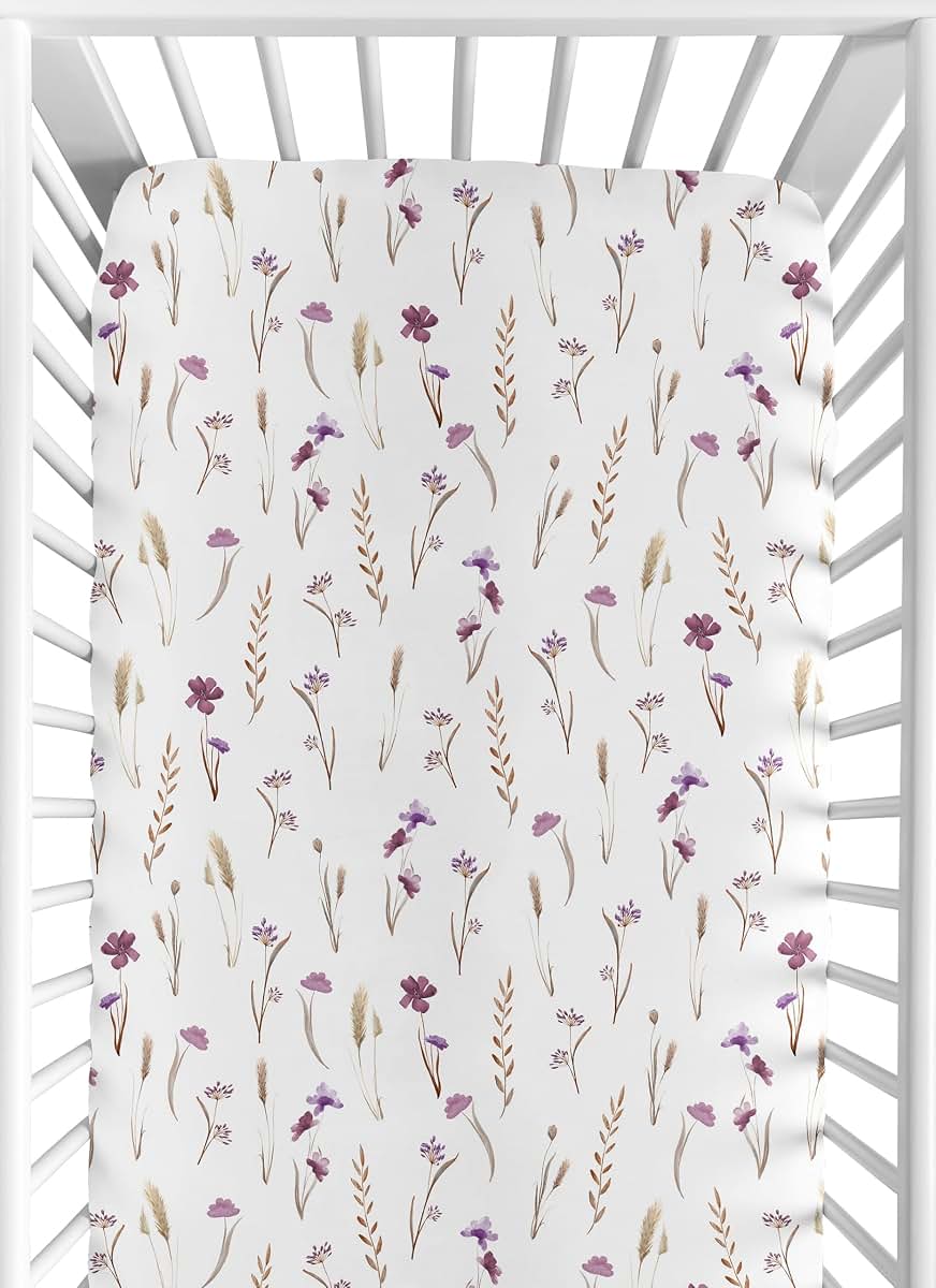 Fitted Baby Crib Sheet – Purple Boho Floral Print for Standard Cribs