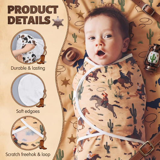 CrystalSylara 3 Pcs Western Cowboy Organic Cotton Baby Swaddles
