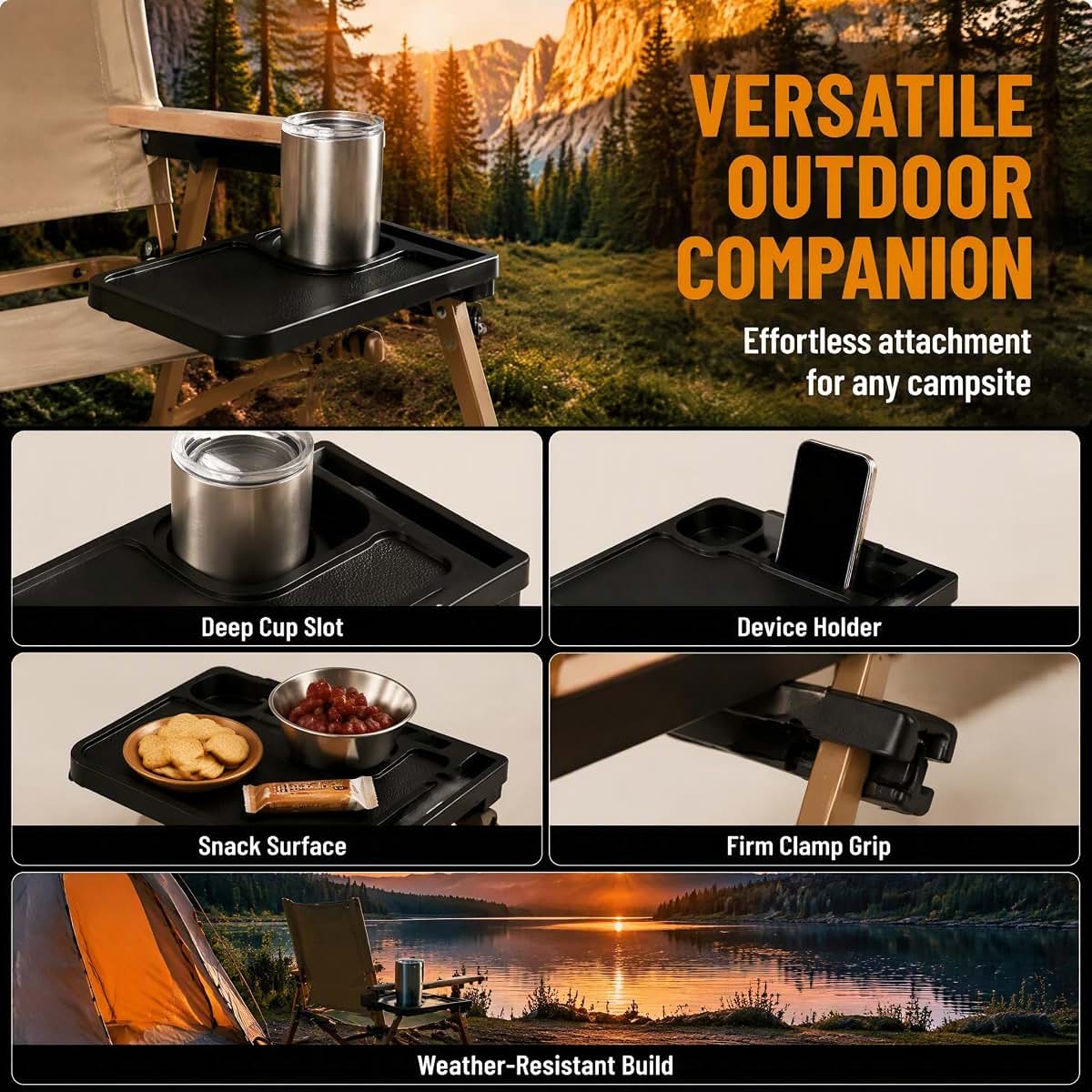 ＡＷＨＡＯ Camping Chair Cup Holder Tray Black Attachable Side Table (photo 2)