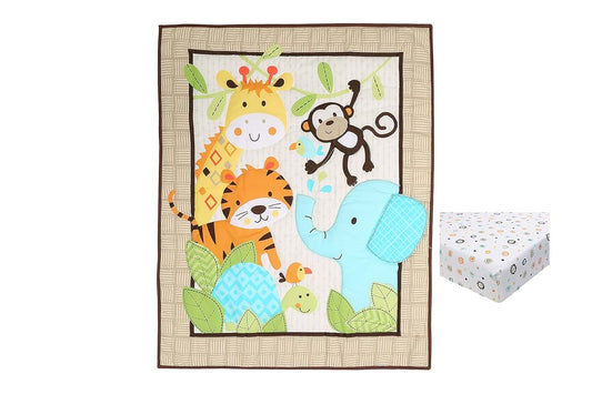 CribMATE 2 PCs Animal Themed Nursery Crib Bedding Set Greenery Giraffe Elephant Themed Baby Bedding Set Quilt + Fitted