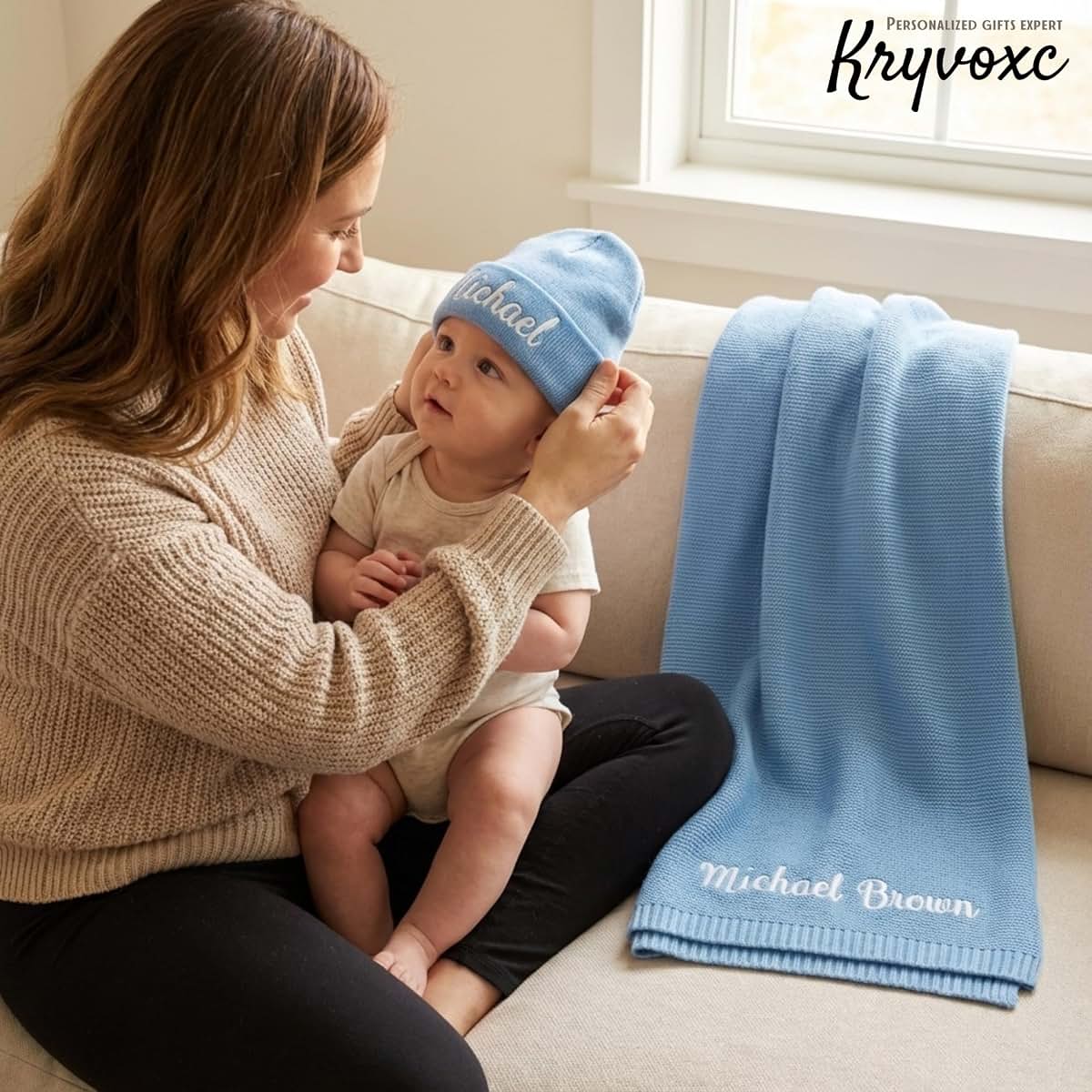 Kryvoxc Personalized Baby Blanket with Name, Cotton Receiving Swaddle Blanket and Beanie Set, Customized Baby Blankets (photo 2)