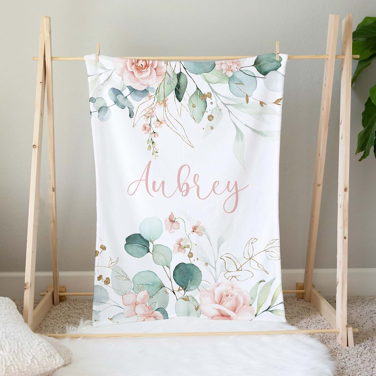 UnoCo Personalized Eucalyptus Baby Blanket, Baby Girl Blanket, Pink Floral Blanket, Eucalyptus Nursery, Floral Crib