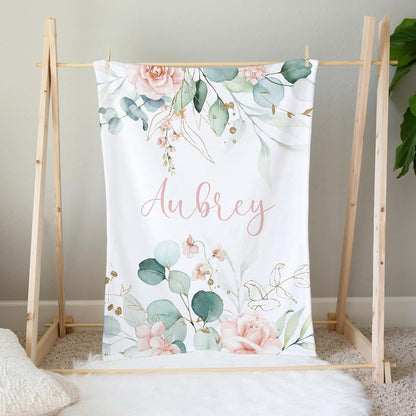 UnoCo Personalized Eucalyptus Baby Blanket, Baby Girl Blanket, Pink Floral Blanket, Eucalyptus Nursery, Floral Crib