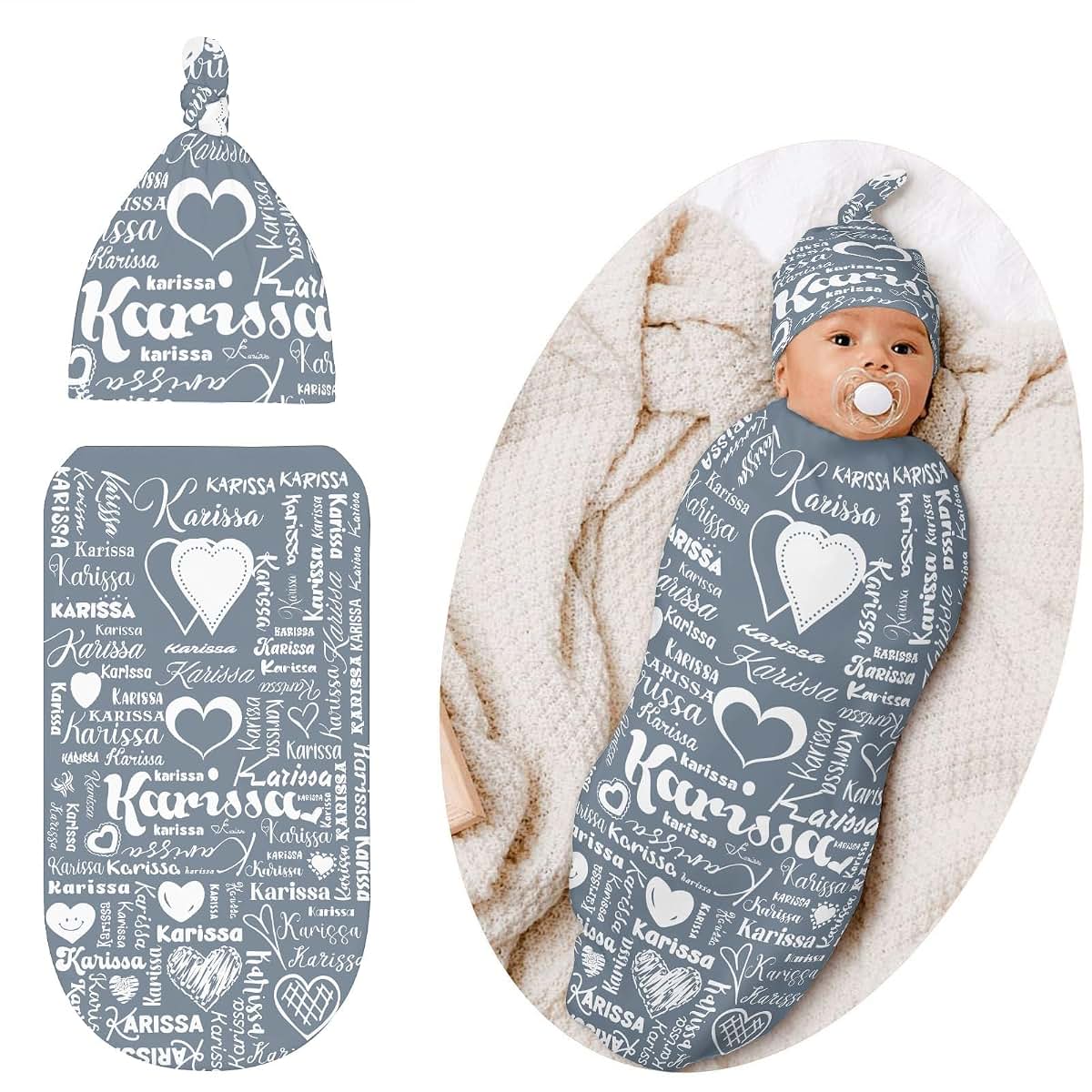 YallLocoMo Custom Swaddle Blanket with Hat Set Newborn Grey Name Text Receiving Blankets Baby Swaddle Wrap Soft Sleep