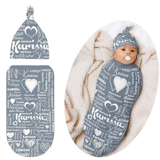 YallLocoMo Custom Swaddle Blanket with Hat Set Newborn Grey Name Text Receiving Blankets Baby Swaddle Wrap Soft Sleep
