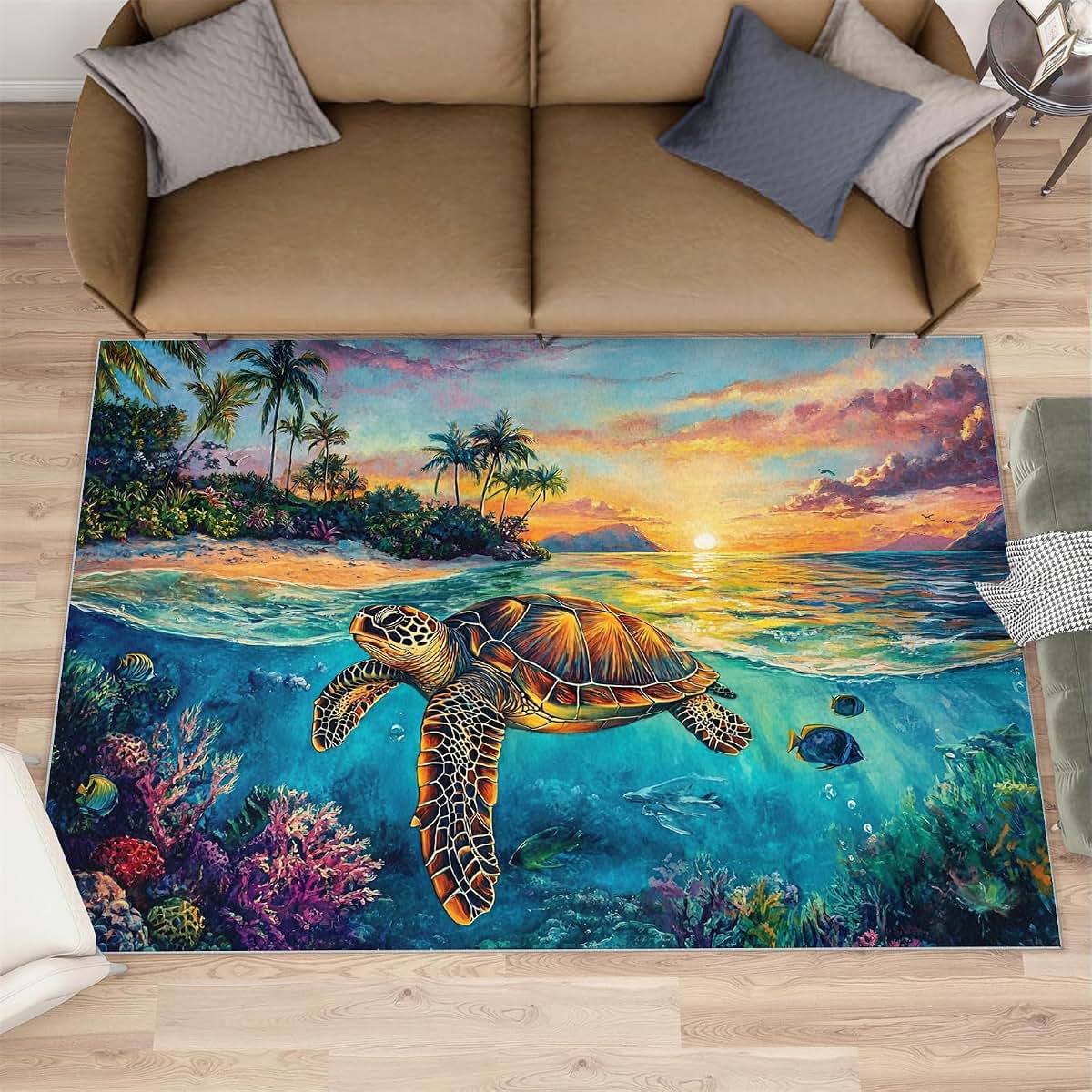HYGIUID 4x5 Atlantic Sea Turtle Area Rugs - Island Scenery Rug for Entryway, Seascape Oil Painting Washable Entry Way