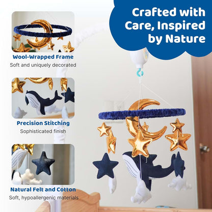 TINITIGIES Whale Hanging Mobile Navy Felt Whale Gold Foil Nursery Decor