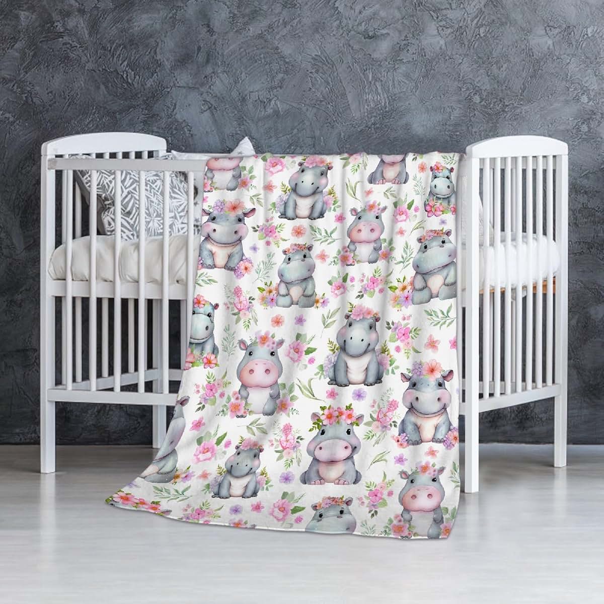 HORSESBLANKET Hippo Floral Blanket Gifts for Girls Boys, Ultra Soft Cozy Hippo Floral Blanket for Boys Girls Bedding