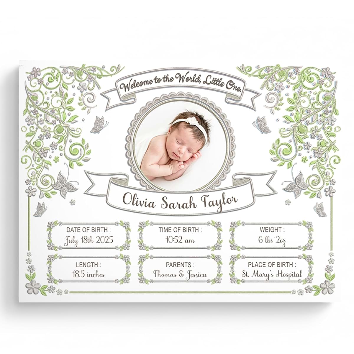 Shape28 Personalized Birth Certificate Canvas with Custom Name, Photo and Birth Stats, 3 Color Themes, Nursery Wall Art