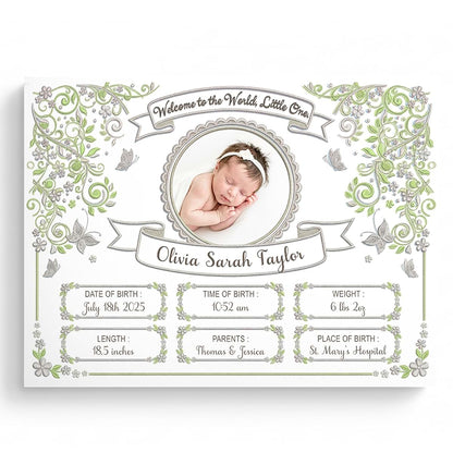 Shape28 Personalized Birth Certificate Canvas with Custom Name, Photo and Birth Stats, 3 Color Themes, Nursery Wall Art