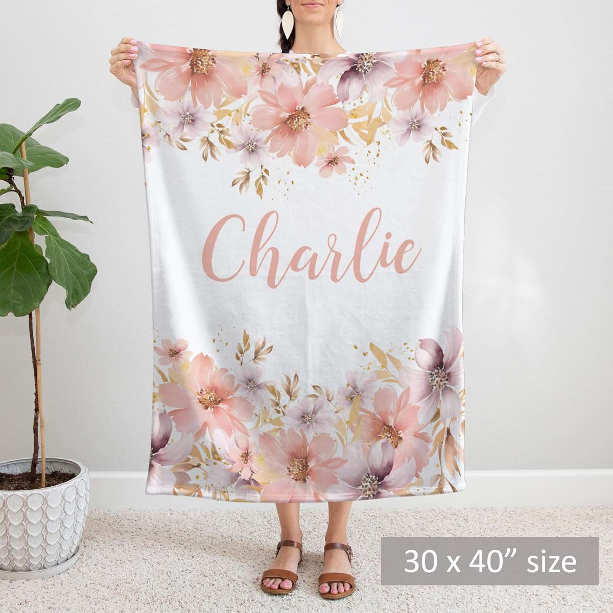 Lovable Gift Co Floral Personalized Baby Girl Blanket, Custom Name Gift, (Peachy Pink Gold, 30 x 40 Baby), BB-01 (photo 3)