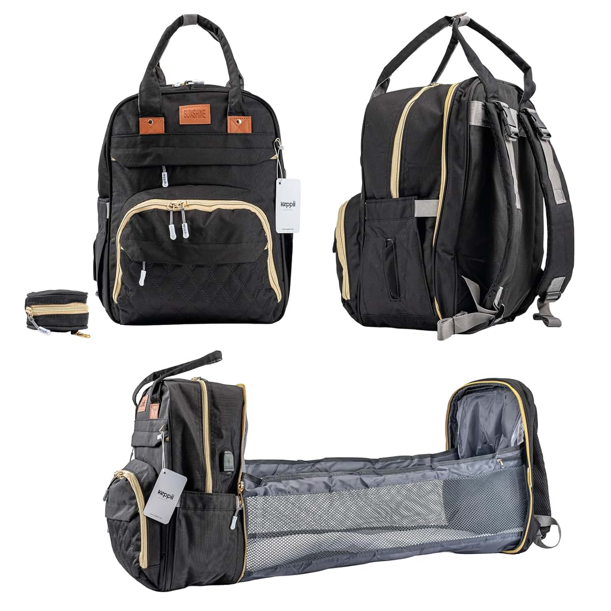 keppii essential™ 3-in-1 Diaper Backpack – Waterproof, USB Port, 16 Pockets & Changing Station | CPC Certified (Black)