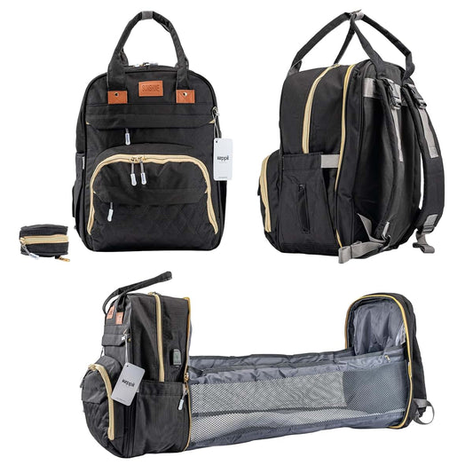 keppii essential™ 3-in-1 Diaper Backpack – Waterproof, USB Port, 16 Pockets & Changing Station | CPC Certified (Black)