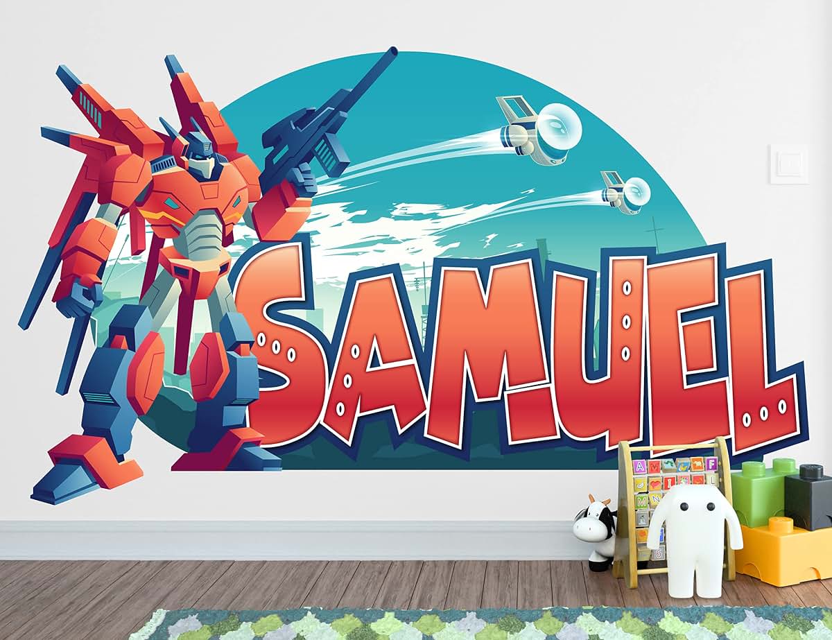 AdesiivoStudio Robot And Car Personalized Name Wall Decals For Nursery