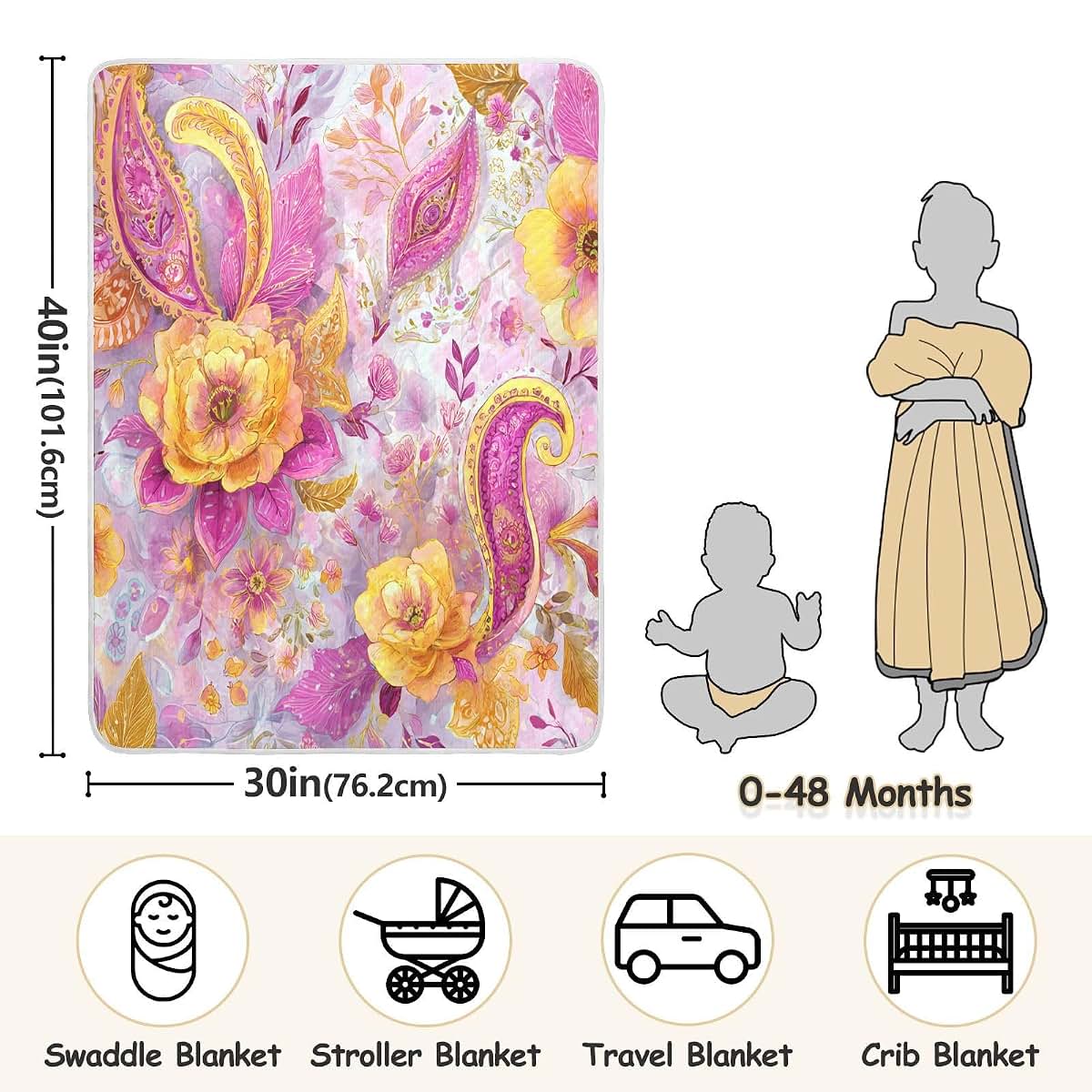 Paisley Baby Receiving Blanket for Infants - 30 x 40 Inch Swaddle Wrap