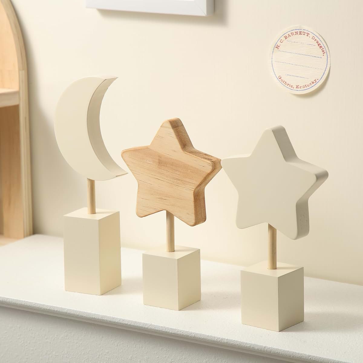 3 Piece Wooden Moon Star Wall Decor Set for Nursery and Kids Room