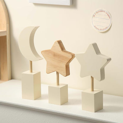 3 Piece Wooden Moon Star Wall Decor Set for Nursery and Kids Room