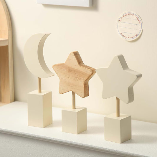 3 Piece Wooden Moon Star Wall Decor Set for Nursery and Kids Room