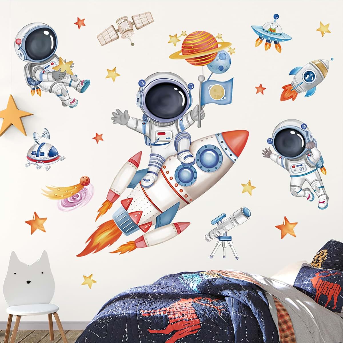 wondever Rocket Astronaut Wall Decals Planet Outer Space Wall Stickers (photo 3)