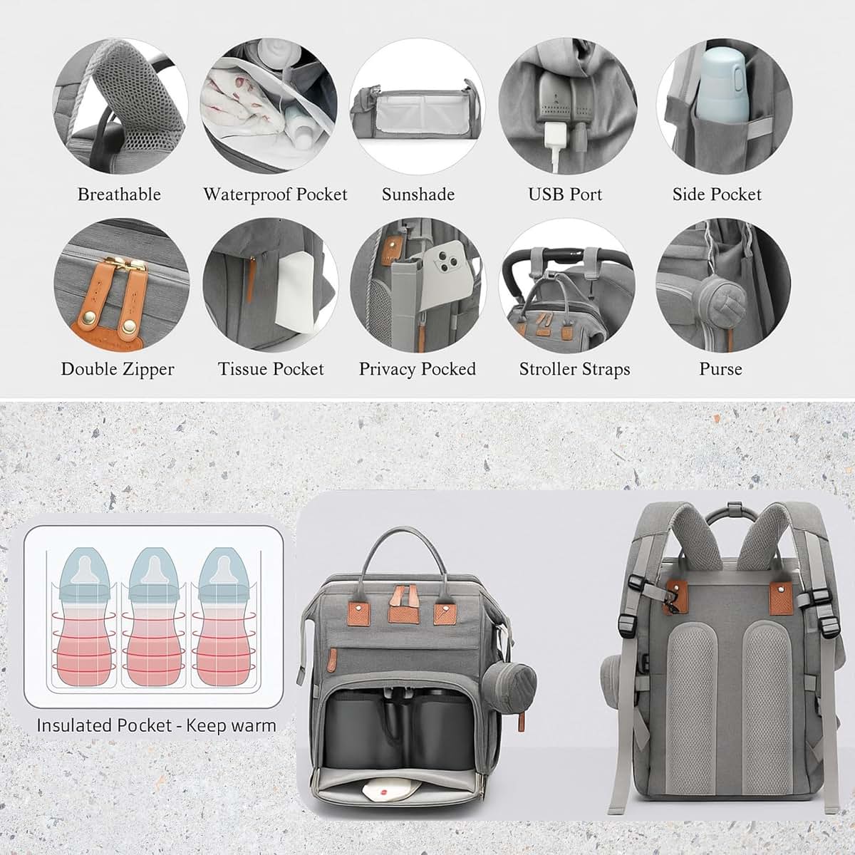 P@B PBell Bebetaje XL Diaper Bag Backpack with Changing Station, Grey (photo 2)